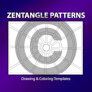 May include: Black and white Zentangle pattern template for drawing and coloring. The pattern features a circular design with a central circle and radiating lines.
