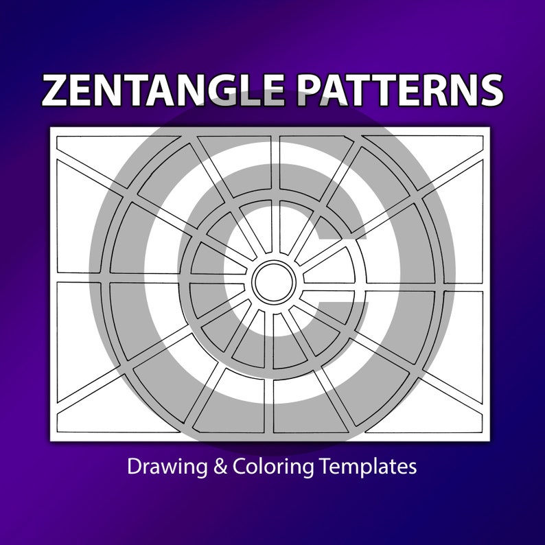 May include: Black and white Zentangle pattern template for drawing and coloring. The pattern features a circular design with a central circle and radiating lines.