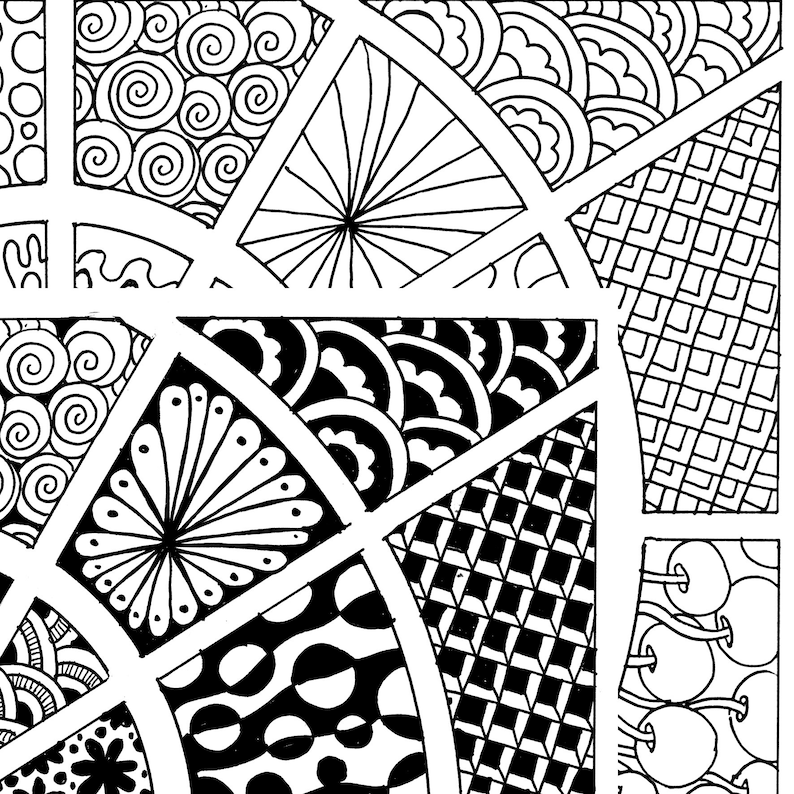 May include: Black and white abstract pattern with geometric shapes and swirls. The pattern is divided into sections with different designs, including circles, squares, and waves.