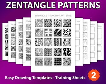 May include: A set of eight printable Zentangle pattern sheets. Each sheet features 25 different black and white patterns. The sheets are labelled "Zentangle & Doodling Patterns" and "Easy Drawing Templates - Training Sheets".