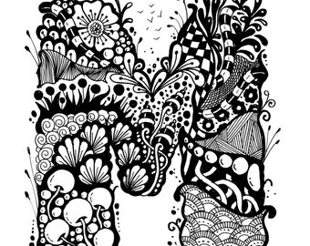 May include: Black and white illustration of the letter M created with intricate patterns and designs. The letter is surrounded by swirls, dots, and other decorative elements.
