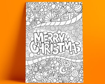 Merry Christmas Themed Relaxing Coloring Page For Adults , Printable Page , Digital Download