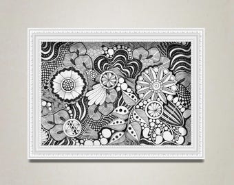 オリジナルのハンドメイド白黒ゼンタングル画（紙）｜HU ART