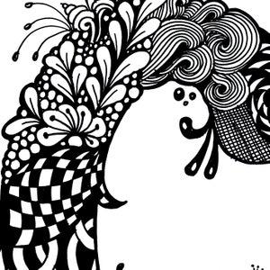 K&ouml;nnte beinhalten: Schwarz-wei&szlig;es abstraktes Doodle-Kunstwerk mit einem floralen Design, Wirbeln und geometrischen Mustern.