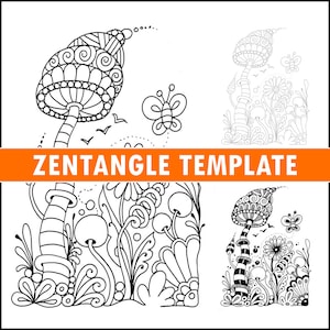 Peut inclure: Illustration en noir et blanc d'un champignon avec des détails complexes, entouré d'autres champignons, de fleurs et de papillons. Le texte "ZENTANGLE TEMPLATE" est en haut de l'image.