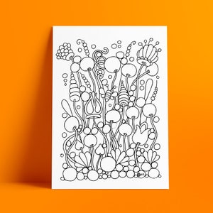 May include: A black and white line drawing of a whimsical garden with flowers, leaves, and stems. The drawing is filled with circles and swirls, creating a playful and organic design.