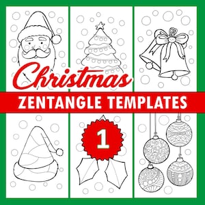 Puede incluir: Ilustraciones en blanco y negro de líneas de arte de imágenes con temática navideña, que incluyen Papá Noel, un árbol de Navidad, campanas, un gorro de Papá Noel, acebo y adornos. Las imágenes están etiquetadas como "Christmas ZENTANGLE TEMPLATES 1".
