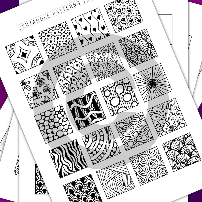 May include: A printable sheet with 20 black and white Zentangle patterns. Each pattern is in a square shape and features a different design, such as hearts, flowers, waves, and dots.