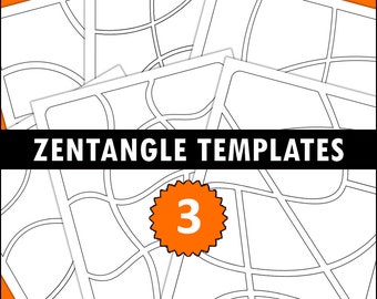 May include: Three black and white Zentangle templates with a curved, geometric design. The templates are labeled "ZENTANGLE TEMPLATES" and "3".