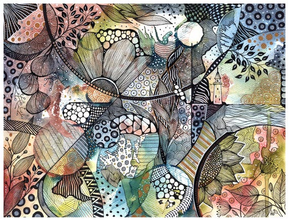手作り水彩画ゼンタングルアート：オリジナル抽象画（30 x 40 cm