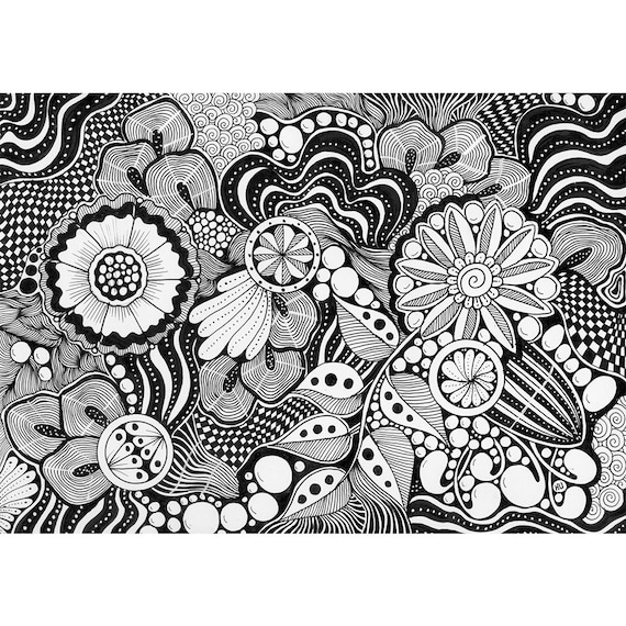 オリジナルのハンドメイド白黒ゼンタングル画（紙）｜HU ARTによる