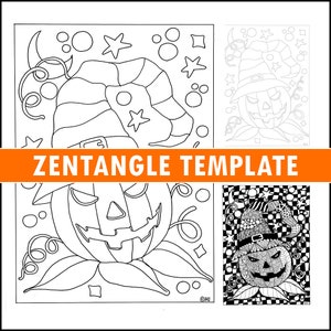 May include: A black and white printable Zentangle template featuring a jack-o'-lantern wearing a witch's hat. The template includes a simple outline of the jack-o'-lantern and hat, as well as a more detailed version with intricate patterns and designs. The text "ZENTANGLE TEMPLATE" is printed in orange at the top of the image.