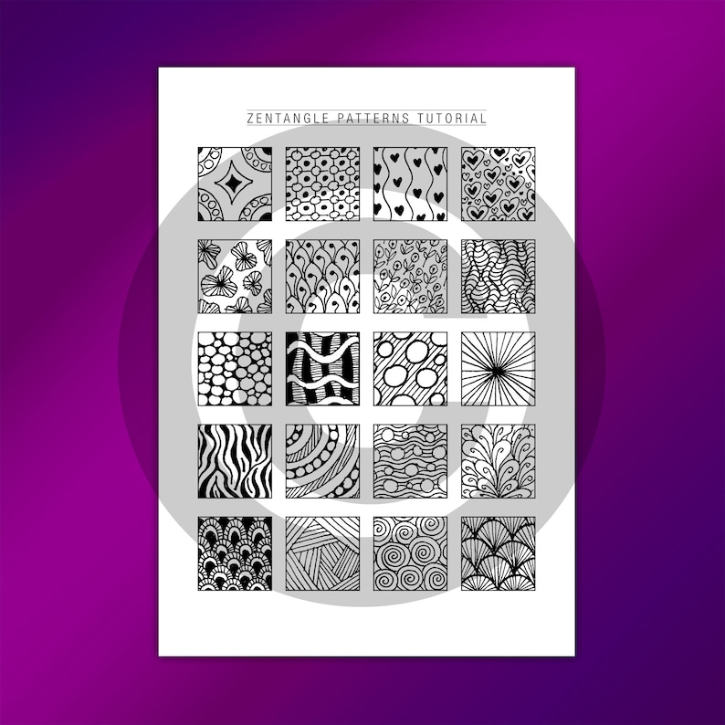 May include: A black and white printable sheet with the title "Zentangle Patterns Tutorial". The sheet contains 16 different Zentangle patterns, each in a square.
