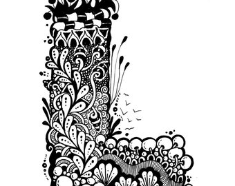 Zentangle letter L, zentangle alphabet letter L, digital letter L jpg, pdf, png