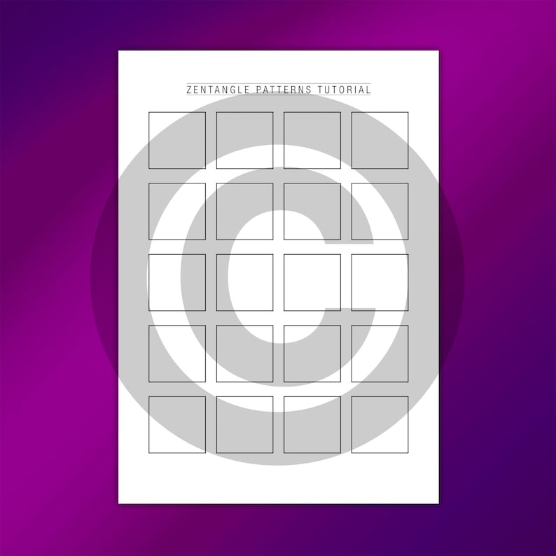 May include: A printable worksheet with the title "Zentangle Patterns Tutorial". The worksheet has a grid of 25 squares, each with a circle in the center.