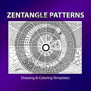 May include: Black and white Zentangle patterns drawing and coloring templates. The image shows a circular design with 16 different patterns.