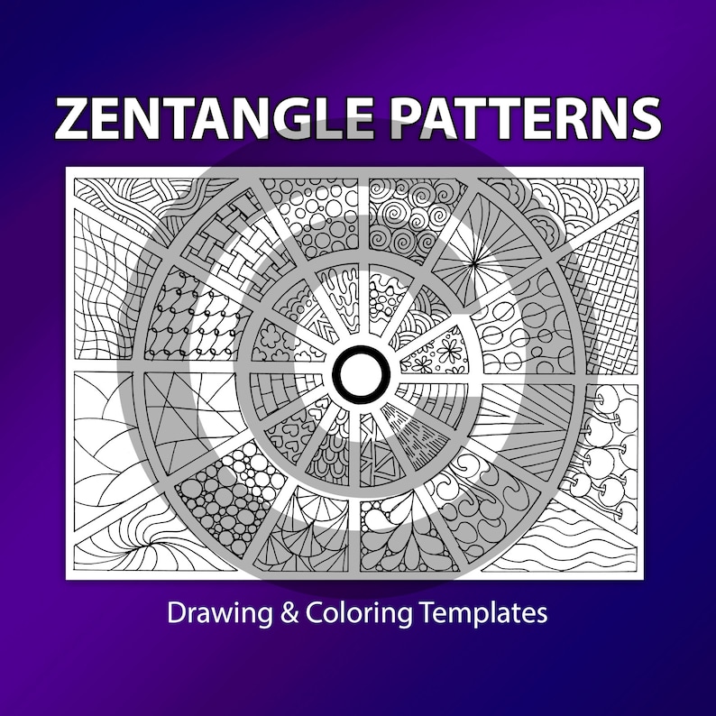 May include: Black and white Zentangle patterns drawing and coloring templates. The image shows a circular design with 16 different patterns.