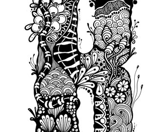 May include: A detailed black and white illustration of the letter "H", filled with various patterns and designs. The artwork features floral motifs, geometric shapes, and abstract elements, creating a visually rich and intricate composition. The style is reminiscent of Zentangle art.