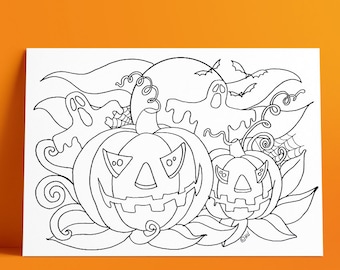 Página para colorir de abóbora de Halloween: fantasmas e morcegos (download digital)
