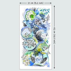 May include: Abstract watercolor painting featuring a blue, green, and white color scheme. The painting is filled with circles, dots, and swirls, creating a whimsical and organic design. The painting measures 16.5 inches by 8.2 inches.