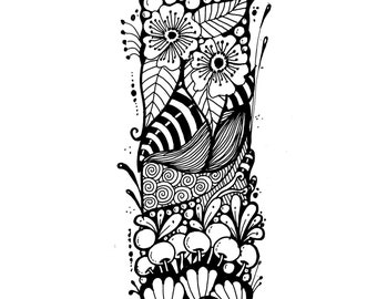 May include: Black and white line art illustration of a floral design with flowers, leaves, and swirls. The design is intricate and detailed, and it would be perfect for a colouring book or a tattoo.