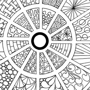 May include: A black and white mandala design with a circular pattern of various geometric shapes and swirls. The design is divided into 16 sections, each with a different pattern.
