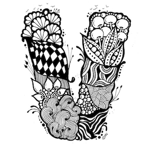 Letra zentangle V, letras zentangle, letra del alfabeto V, letra digital V jpg, pdf, png