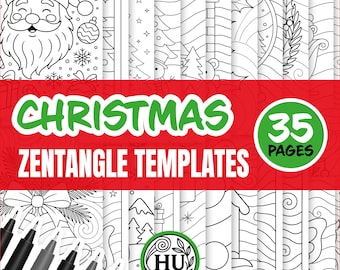 Könnte beinhalten: Eine Sammlung von 35 Weihnachtlichen Zentangle-Vorlagen mit festlichen Designs wie Weihnachtsmann, Schneeflocken und Weihnachtsbäumen. Der Titel "Christmas Zentangle Templates" ist grün und weiß auf rotem Hintergrund. Schwarze Stifte sind sichtbar.