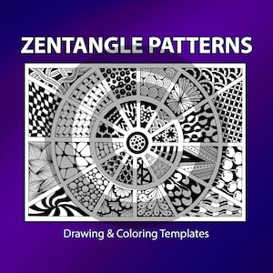May include: Black and white Zentangle patterns drawing and coloring templates. The image features a circular design with 24 different patterns.