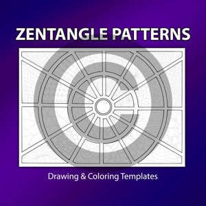 May include: Black and white Zentangle pattern drawing template with the text "Zentangle Patterns" and "Drawing & Coloring Templates".