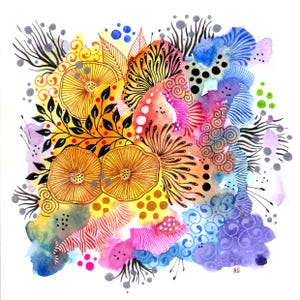 ORIGINEEL | Originele aquarel zentanglekunst van Hu Art – 21 x 21 cm handgemaakt abstract wanddecor