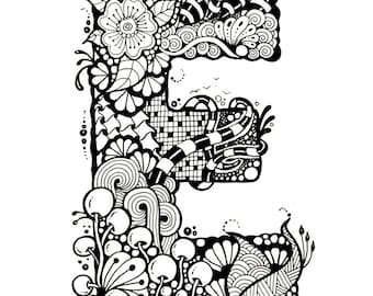 May include: Black and white illustration of the letter E with intricate floral and geometric patterns. The letter is surrounded by swirls, dots, and other decorative elements.