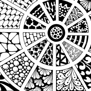 May include: Black and white mandala design with a circular pattern of various geometric shapes and designs. The center of the mandala is a circle with a black and white dot pattern.