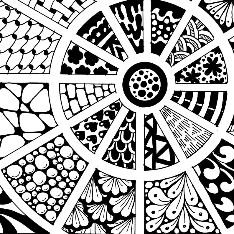 May include: Black and white mandala design with a circular pattern of various geometric shapes and designs. The center of the mandala is a circle with a black and white dot pattern.