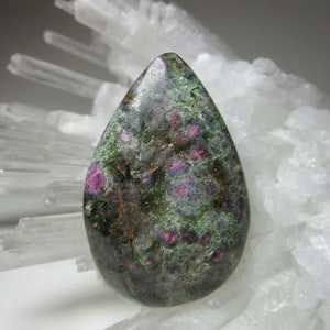 Pink Ruby in Green Fuchsite Gemstone Natural Stone -Reversible Teardrop Shaped Cabochon, Necklace Pendant or Bead for Jewelry Making