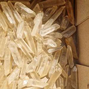 May include: A cardboard box filled with many small, clear quartz crystals. The box is labeled "F 24".