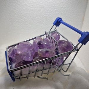 Può includere: Un carrello della spesa in miniatura pieno di pietre di ametista lucidata. Il carrello è in metallo color argento con un manico blu. Le pietre di ametista sono di varie tonalità di viola e sono lisce e arrotondate.