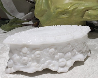 Vintage Fostoria Jenny Lind Milk Glass Jewelry Box – Embossed Cameo Dresser Piece