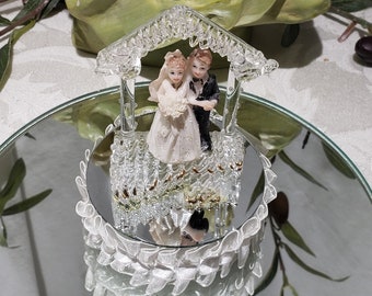 Vintage Hand Blown Glass Archway With Doves Bride And Groom Mirror Base Wedding Cake Topper - Wedding Cake Toppers- Vintage Wedding
