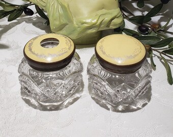 Antique Crystal Art Nouveau Hair Receiver Jar with Brass Top
