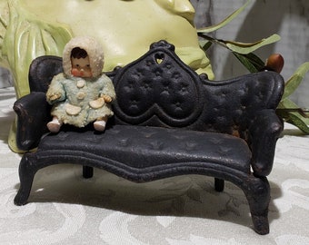 Vintage Salesman Sample Love Seat Miniature Doll Size Settee Sofa 15.5 inches