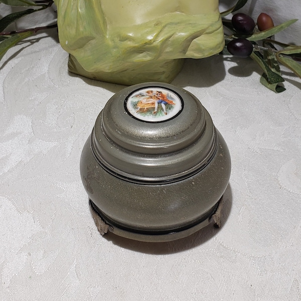 Vintage Footed Aluminum Powder Puff Music Box With Mirror Lid Made In Switzerland  - Vintage Vanity Powder Puff Music Box Jar - WORKS !!!