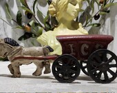 Vintage Cast Iron Horse and quot Ice quot Delivery Wagon quot Ice quot Wagon Toy with One galloping horse