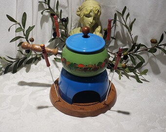 Fondue Set Lions email 70s in vintage pot country house Enamel shabby decoration rustic kitchen pot Deco nostalgia 60s