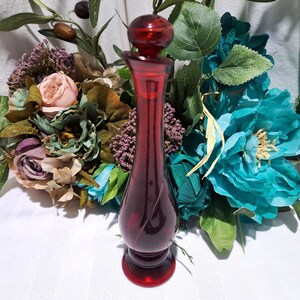 Vintage 8.5&quot; Tall Avon Ruby Red Cologne/Perfume Decanter Bottle - Ruby Red Bud Vase - Bath Oil Decanter Bottle - Vanity Dresser Accessories