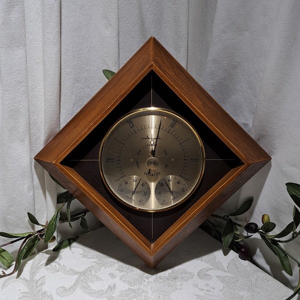 Vintage Airguide Instruments Mid Century Faux Wood Design Barometer, Humidity And Temperature Wall Hanging Weather Station