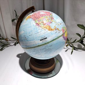 Vintage 1990's Replogle World Scholar Series 9-inch Diameter World Globe with Art Deco Design Plastic Base and Axis
