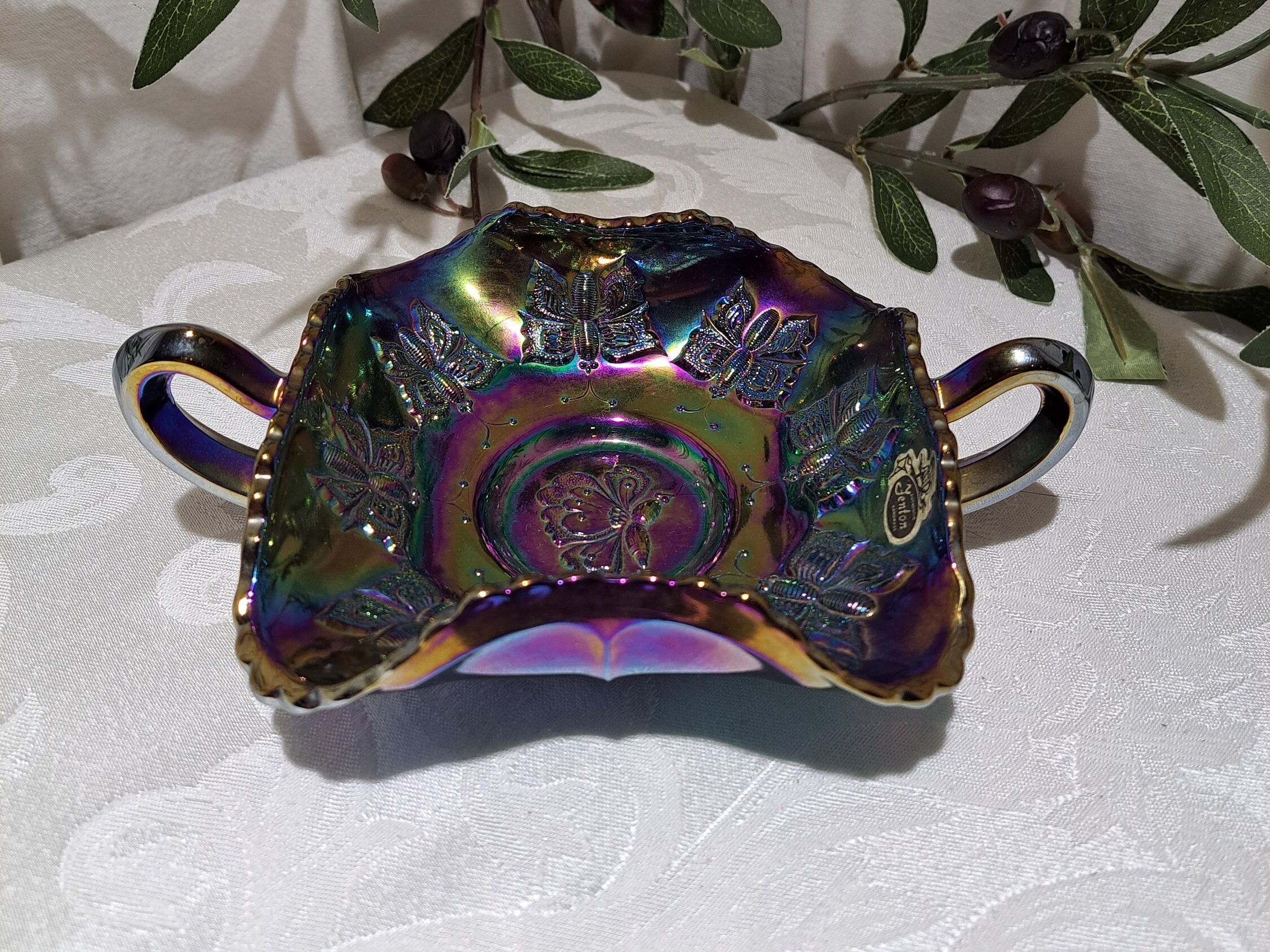 フェントン　カーニバルガラスのボンボンボウル　Butterfly アンティーク Antique Fenton Butterflies Marigold Carnival Glass Bon Bon