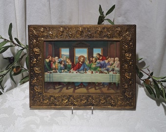 Rare Beautiful Vintage Embossed Roses Design Ormolu Gold Gilt Frame The Last Supper Wall Plaque Made In England - Vintage Religious Icon