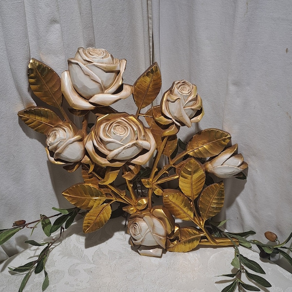 Rare Beautiful Vintage 1972 Large 22" x 15" Syroco No. 7275 Cream Roses On Metallic Gold Branches Wall Hanging Plastic Plaque
